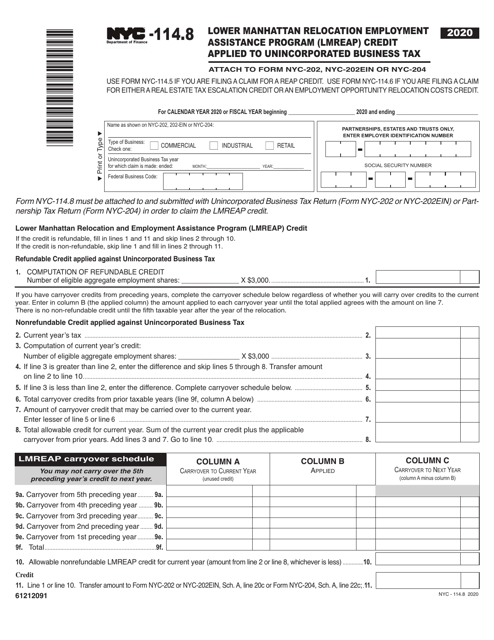 Form NYC--114.8 Lower Manhattan Relocation Employment Assistance Program (Lmreap) Credit Applied to Unincorporated Business Tax - New York City, 2020