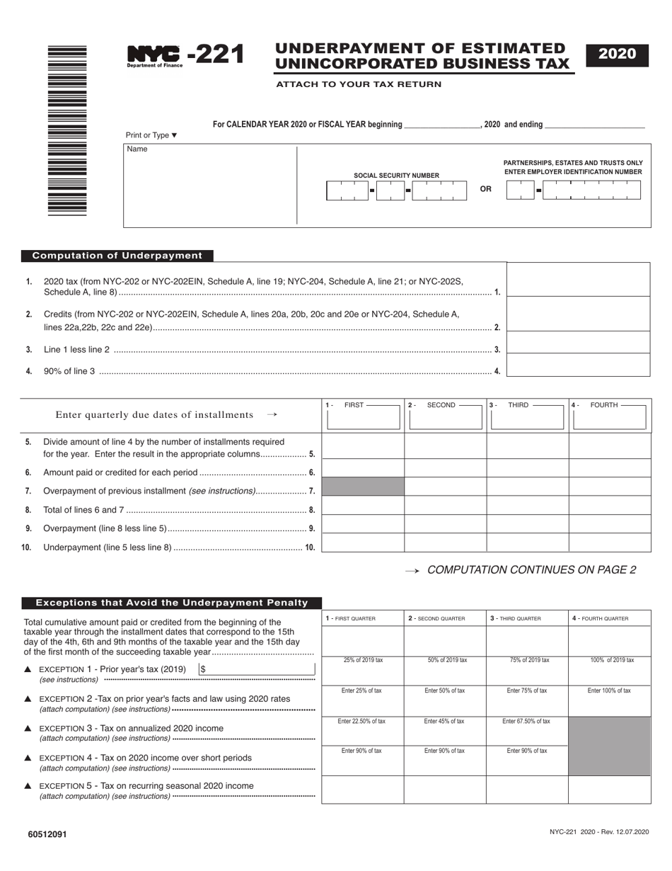 Form NYC-221 Underpayment of Estimated Unincorporated Business Tax - New York City, Page 1