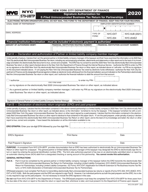 Form NYC-579-UBTP 2020 Printable Pdf