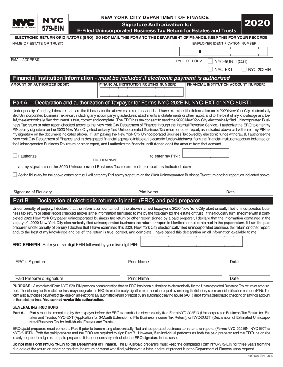 Form NYC-579-EIN Signature Authorization for E-Filed Unincorporated Business Tax Return for Estates and Trusts - New York City, Page 1