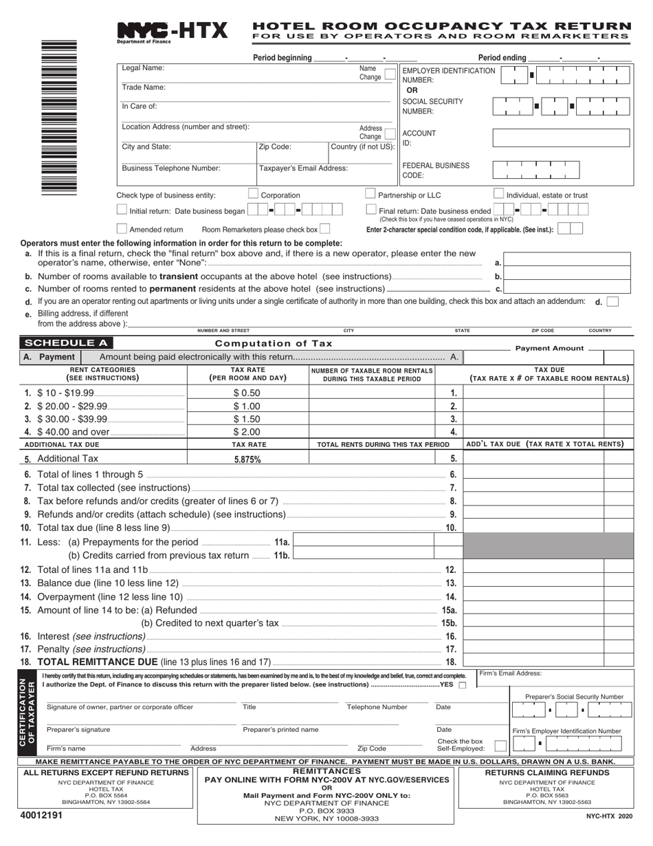 Form NYC-HTX Hotel Room Occupancy Tax Return for Use by Operators and Room Remarketers - New York City, Page 1