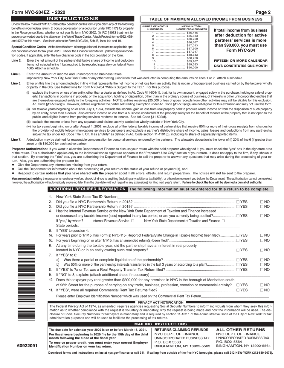 Form NYC-204EZ Unincorporated Business Tax Return for Partnerships (Including Limited Liability Companies) - New York City, Page 2