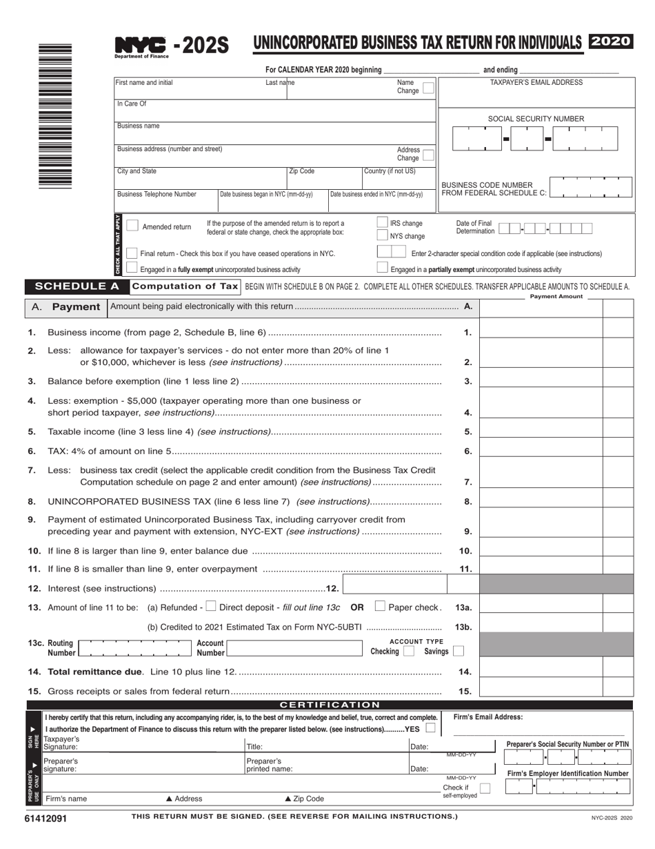 Form NYC202S Download Printable PDF or Fill Online Unincorporated