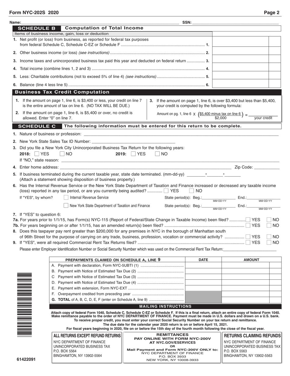 Form NYC-202S Download Printable PDF or Fill Online Unincorporated ...