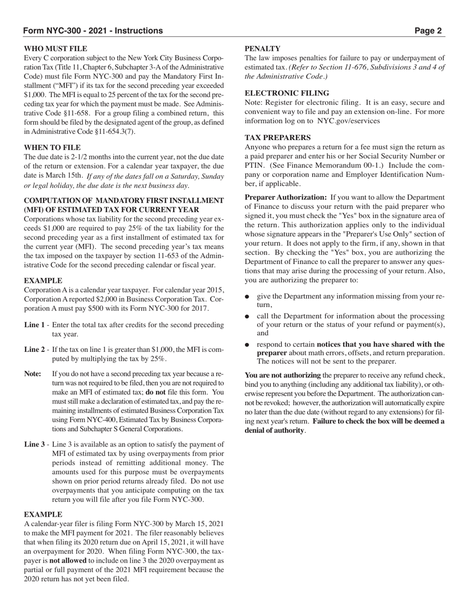 Form NYC-300 Mandatory First Installment (Mfi) by Business C Corporations - New York City, Page 2