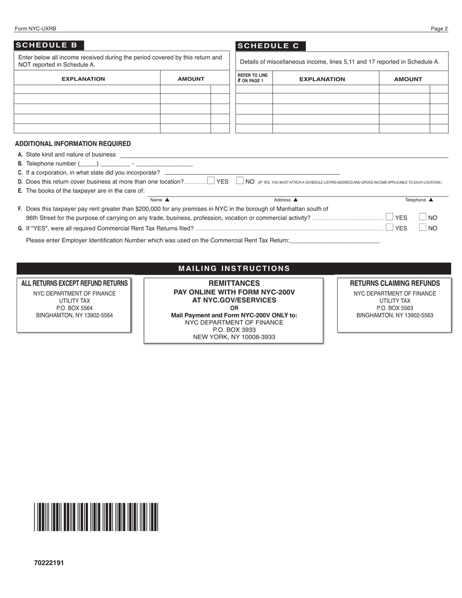 Form NYC-UXRB Return of Excise Tax by Utilities and Limited Fare Omnibus Companies - New York City, Page 2