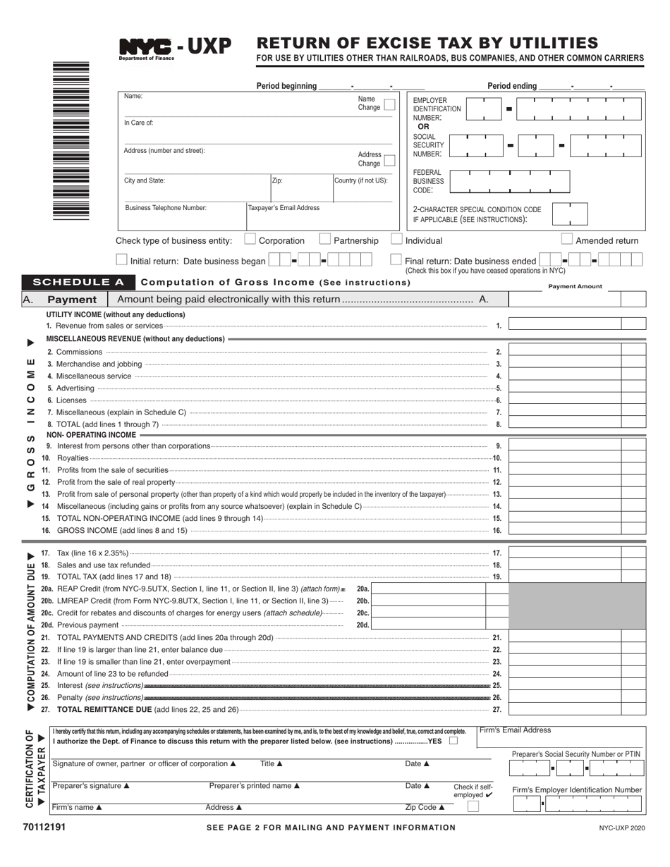 Form NYC-UXP Return of Excise Tax by Utilities - New York City, Page 1