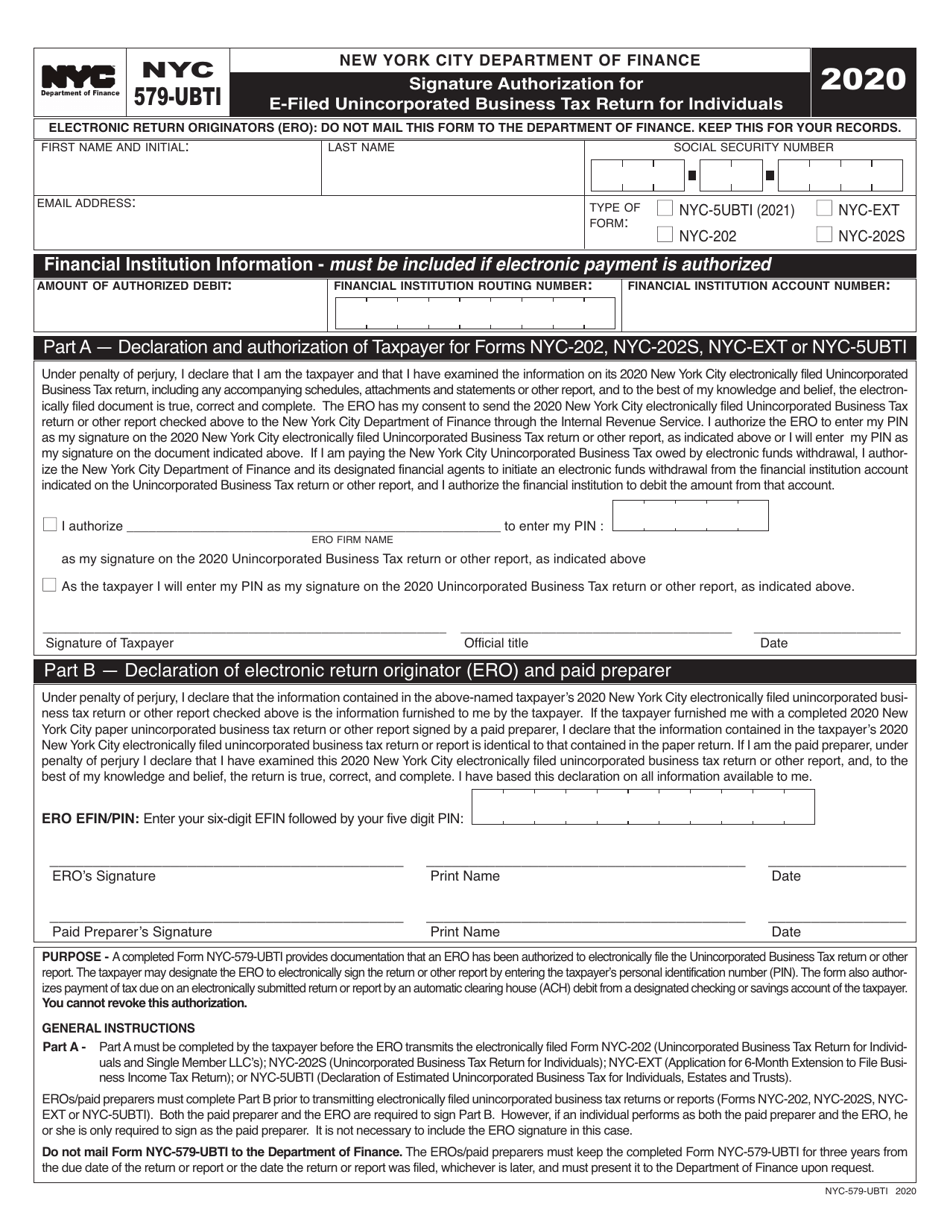 Form NYC-579-UBTI Signature Authorization for E-Filed Unincorporated Business Tax Return for Individuals - New York City, Page 1