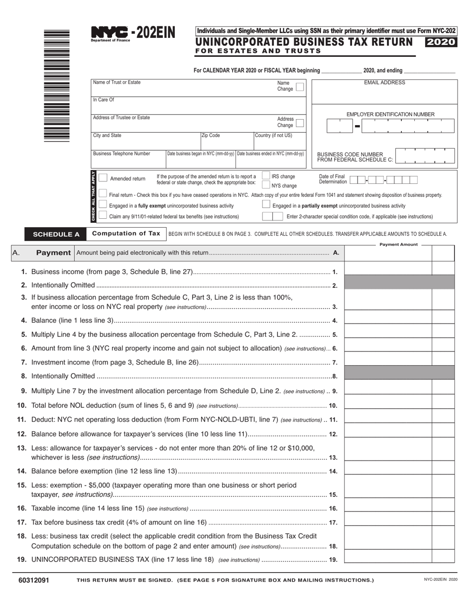 Form NYC202EIN Download Printable PDF or Fill Online Unincorporated
