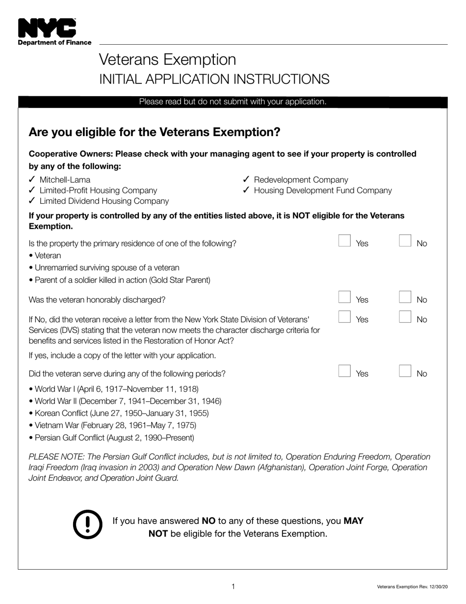 Veterans Exemption Initial Application - New York City, Page 1