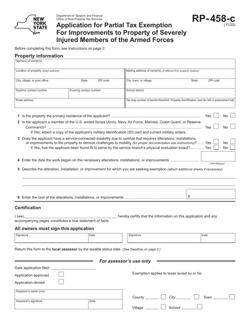 Form RP-458-C Application for Partial Tax Exemption for Improvements to Property of Severely Injured Members of the Armed Forces - New York