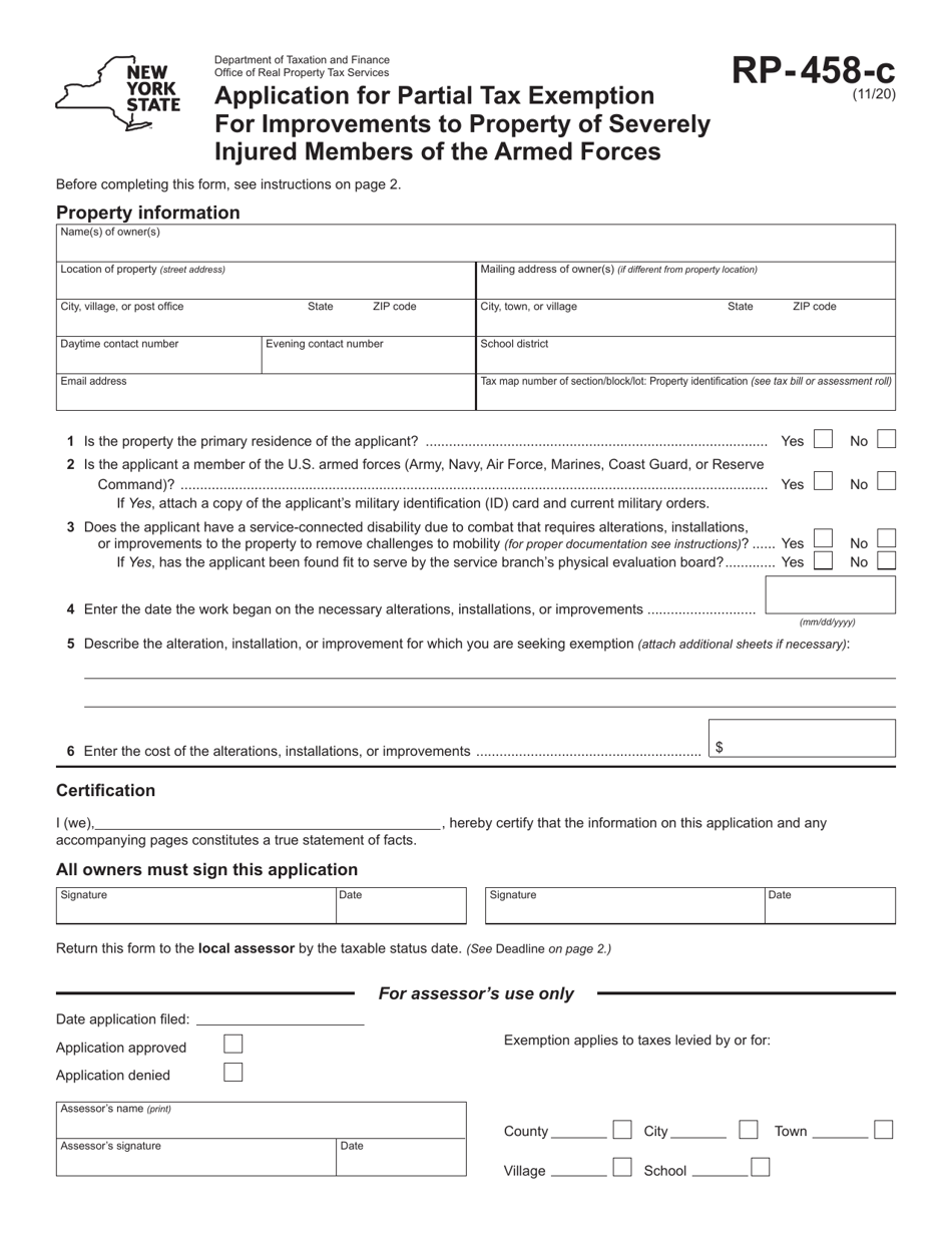 Form RP-458-C Application for Partial Tax Exemption for Improvements to Property of Severely Injured Members of the Armed Forces - New York, Page 1
