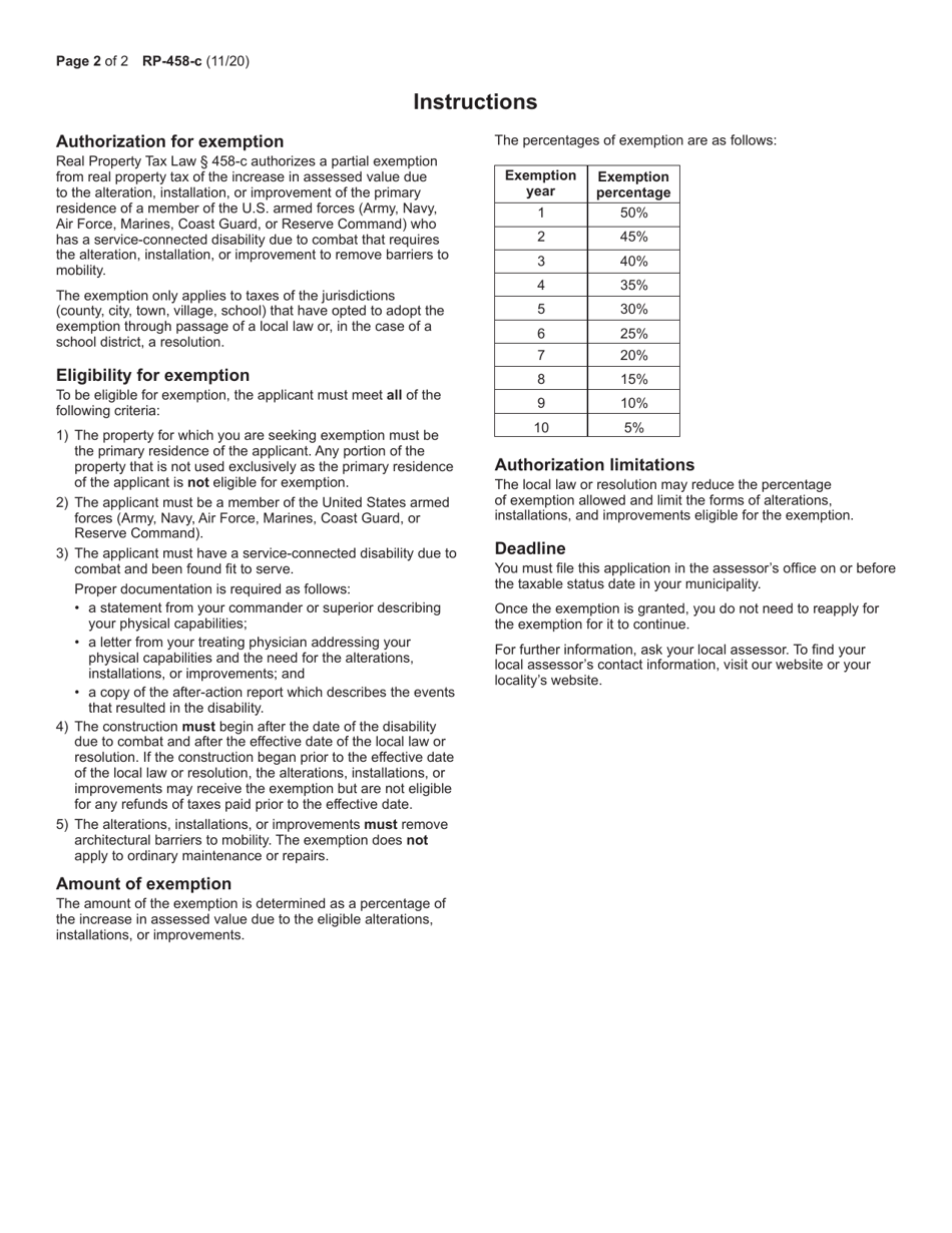 Form RP-458-C Application for Partial Tax Exemption for Improvements to Property of Severely Injured Members of the Armed Forces - New York, Page 2