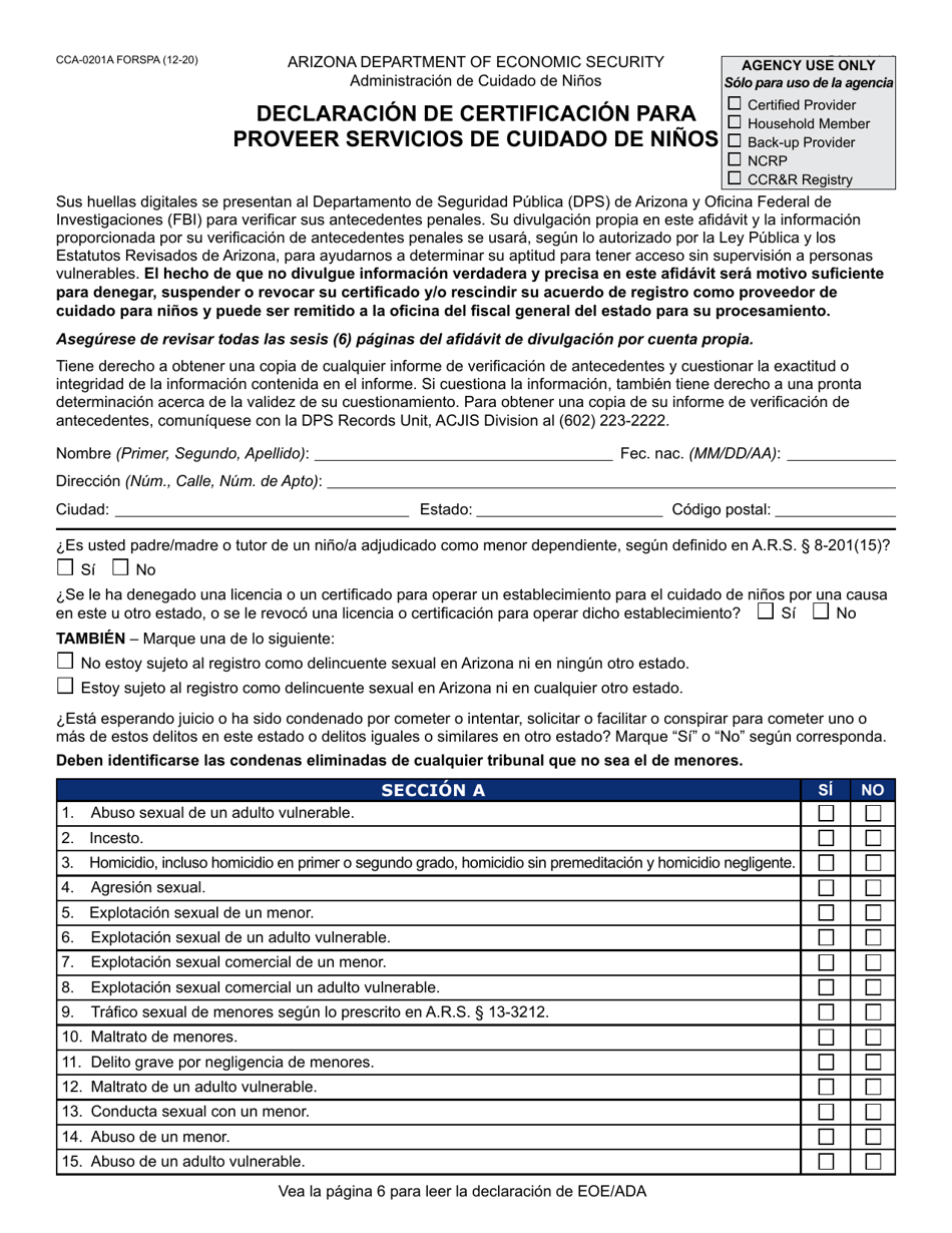 Formulario CCA-0201A-S Declaracion De Certificacion Para Proveer Servicios De Cuidado De Ninos - Arizona (Spanish), Page 1