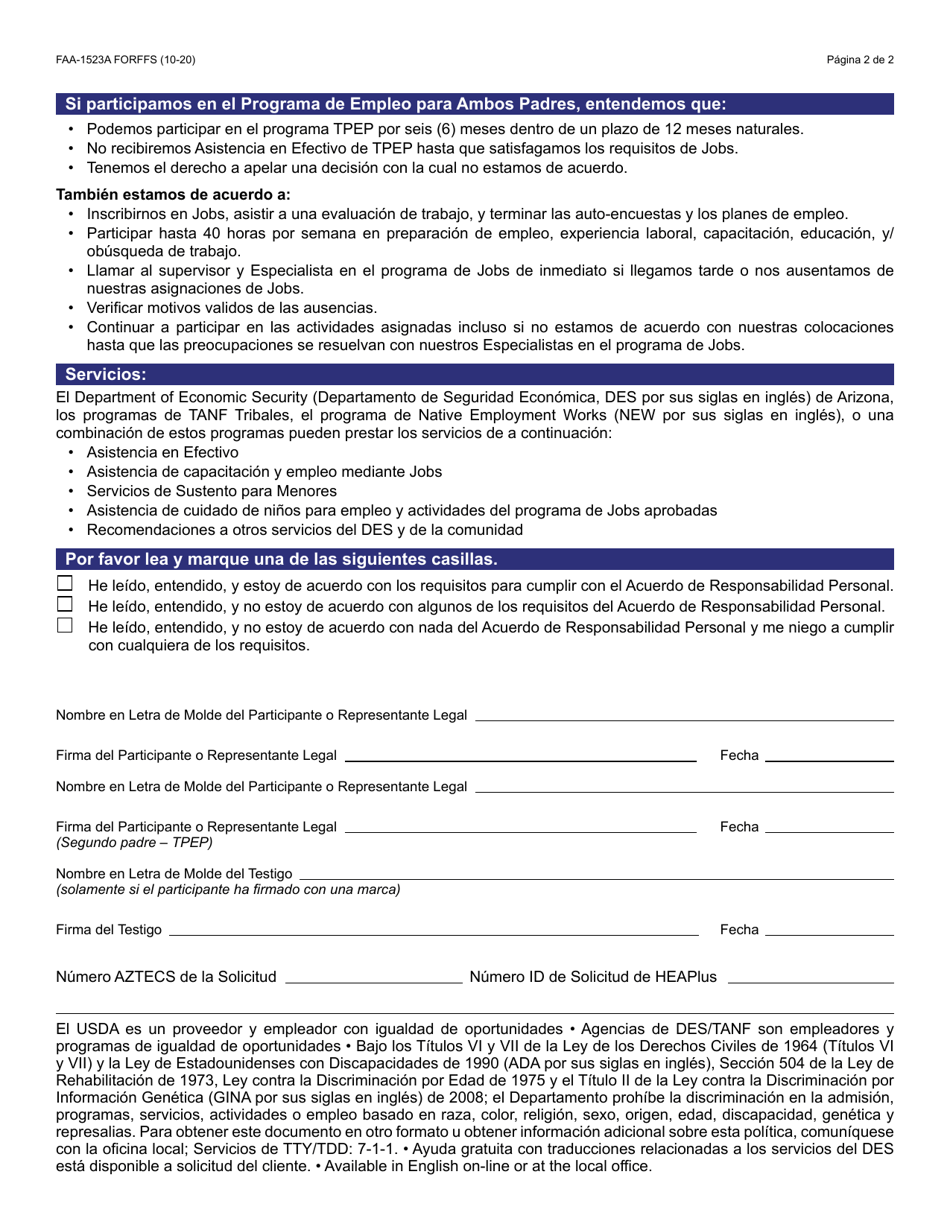 Formulario FAA-1523A-S Acuerdo De Responsabilidad Personal (Pra) Del Programa De Asistencia En Efectivo - Arizona (Spanish), Page 2