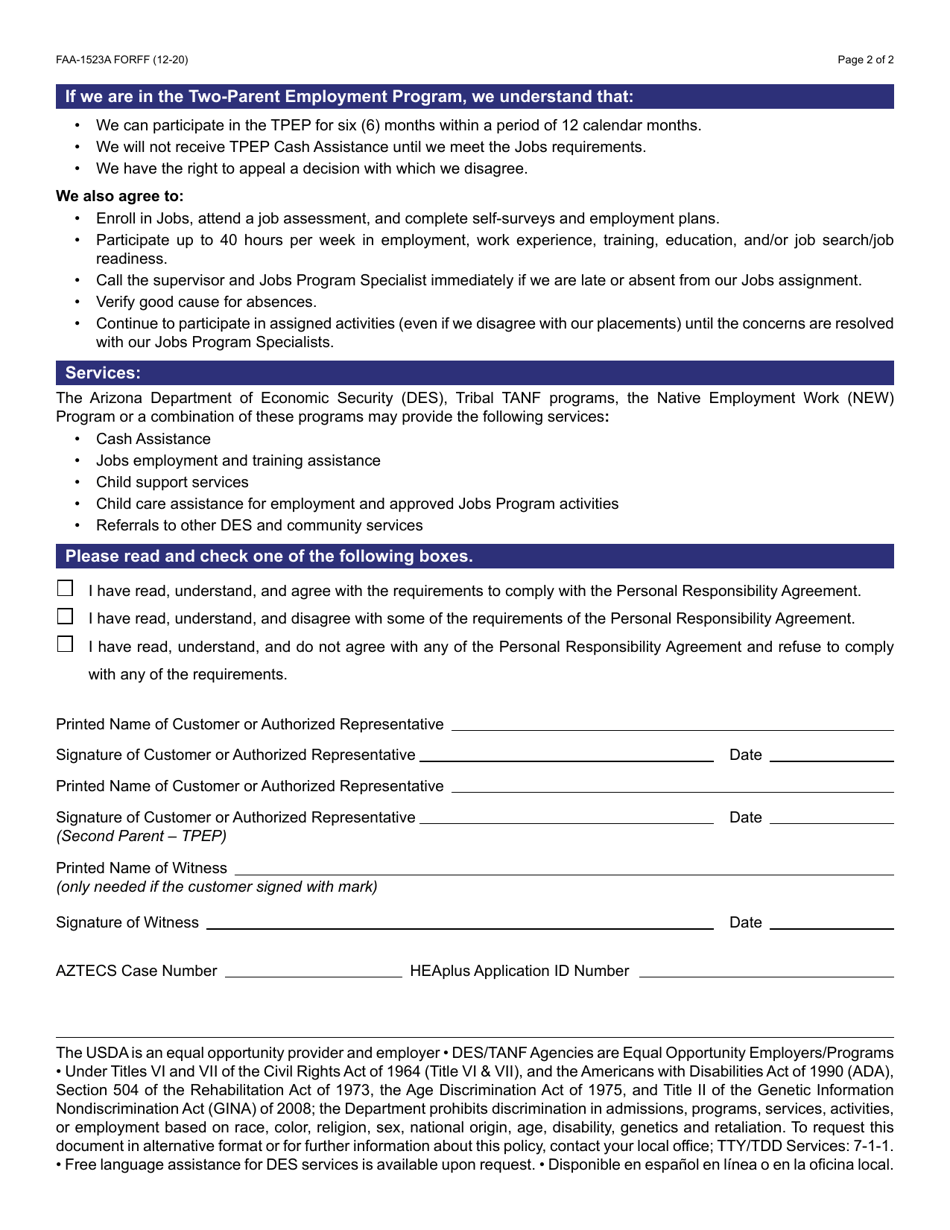Form FAA-1523A Cash Programs Personal Responsibility Agreement (Pra) - Arizona, Page 2