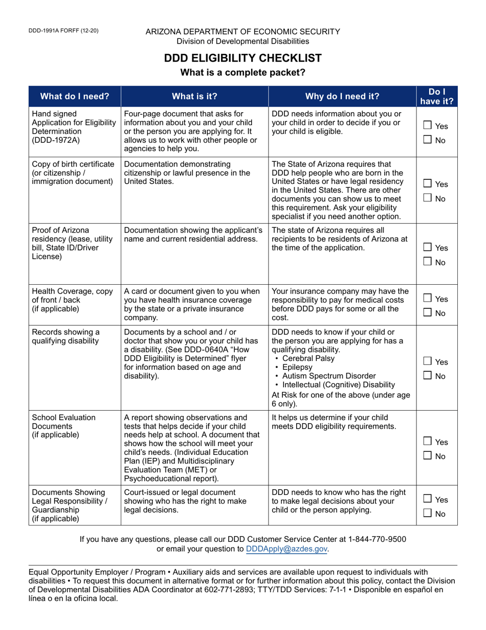 Form DDD-1991A Ddd Eligibility Checklist - Arizona, Page 1
