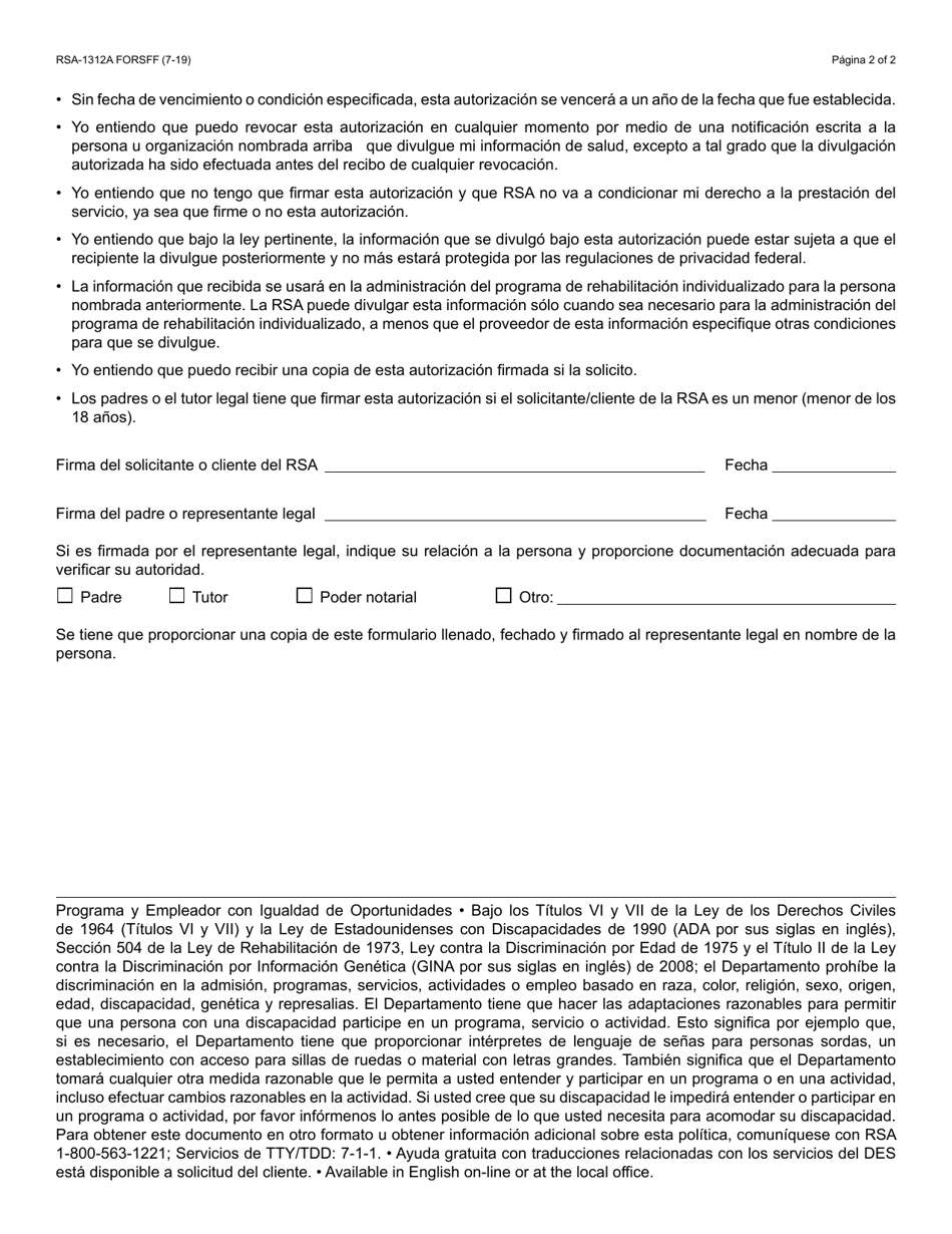 Formulario RSA-1312A-S Autorizacion Para Divulgacion De Informacion De Salud a Rsa - Arizona (Spanish), Page 2