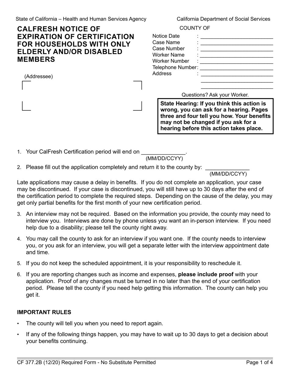 Form CF377 2B Download Fillable PDF or Fill Online CalFresh Notice of
