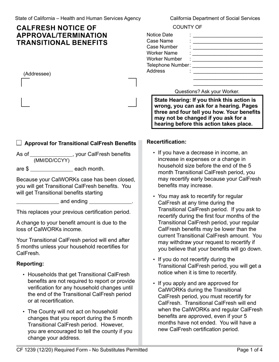 Form CF1239 CalFresh Notice of Approval / Termination Transitional Benefits - California, Page 1
