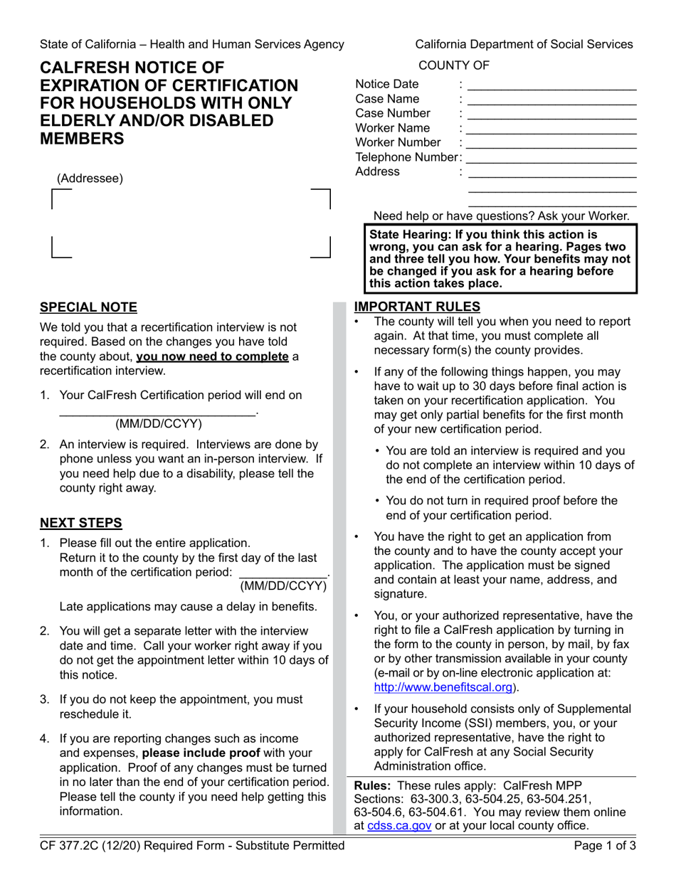 Form CF377.2C CalFresh Notice of Expiration of Certification for Households With Only Elderly and / or Disabled Members - California, Page 1