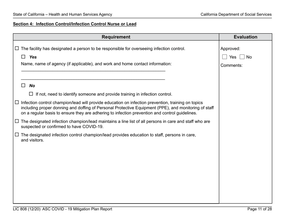 Form LIC808 Plan for Epidemic Outbreak Specific to Covid - 19 Mitigation Plan Report - California, Page 11