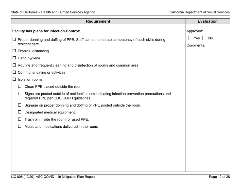 Form LIC808 Plan for Epidemic Outbreak Specific to Covid - 19 Mitigation Plan Report - California, Page 12
