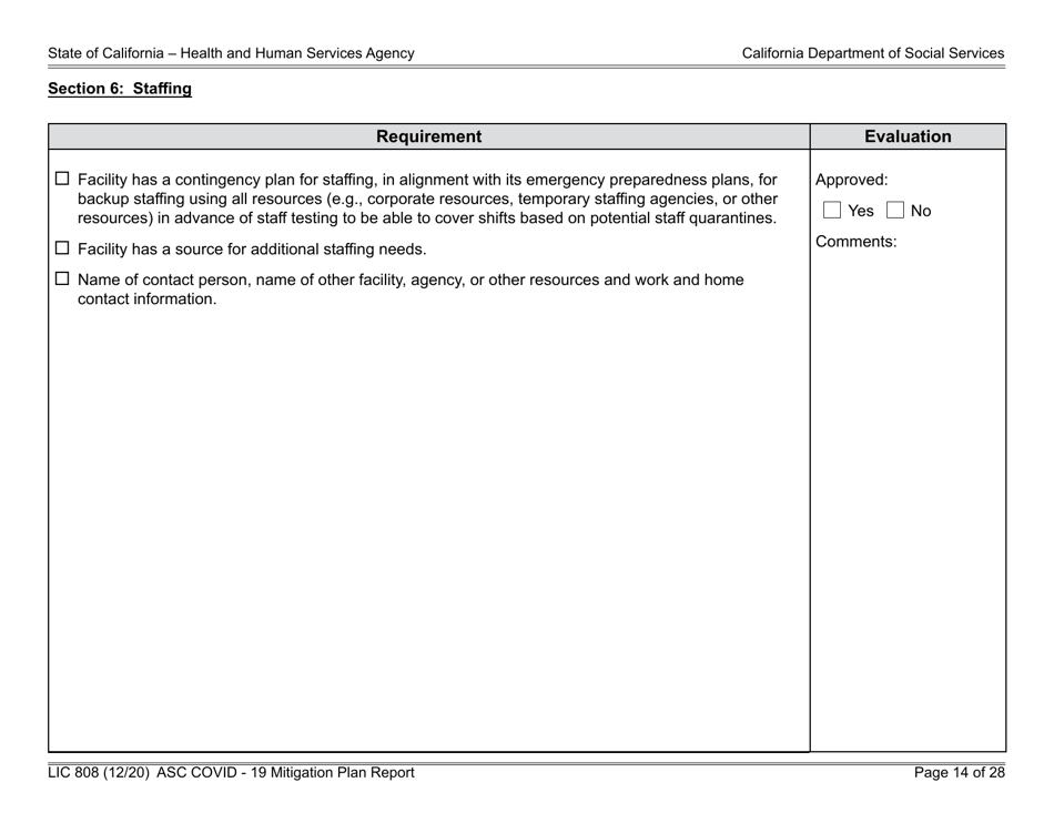 Form LIC808 Plan for Epidemic Outbreak Specific to Covid - 19 Mitigation Plan Report - California, Page 14
