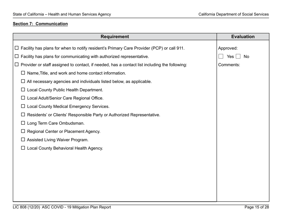 Form LIC808 Plan for Epidemic Outbreak Specific to Covid - 19 Mitigation Plan Report - California, Page 15