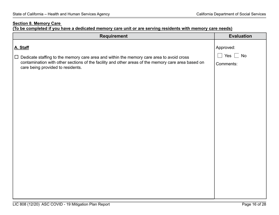 Form LIC808 Plan for Epidemic Outbreak Specific to Covid - 19 Mitigation Plan Report - California, Page 16