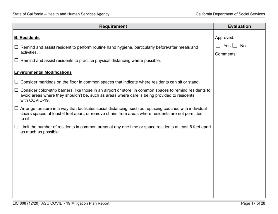 Form LIC808 Plan for Epidemic Outbreak Specific to Covid - 19 Mitigation Plan Report - California, Page 17