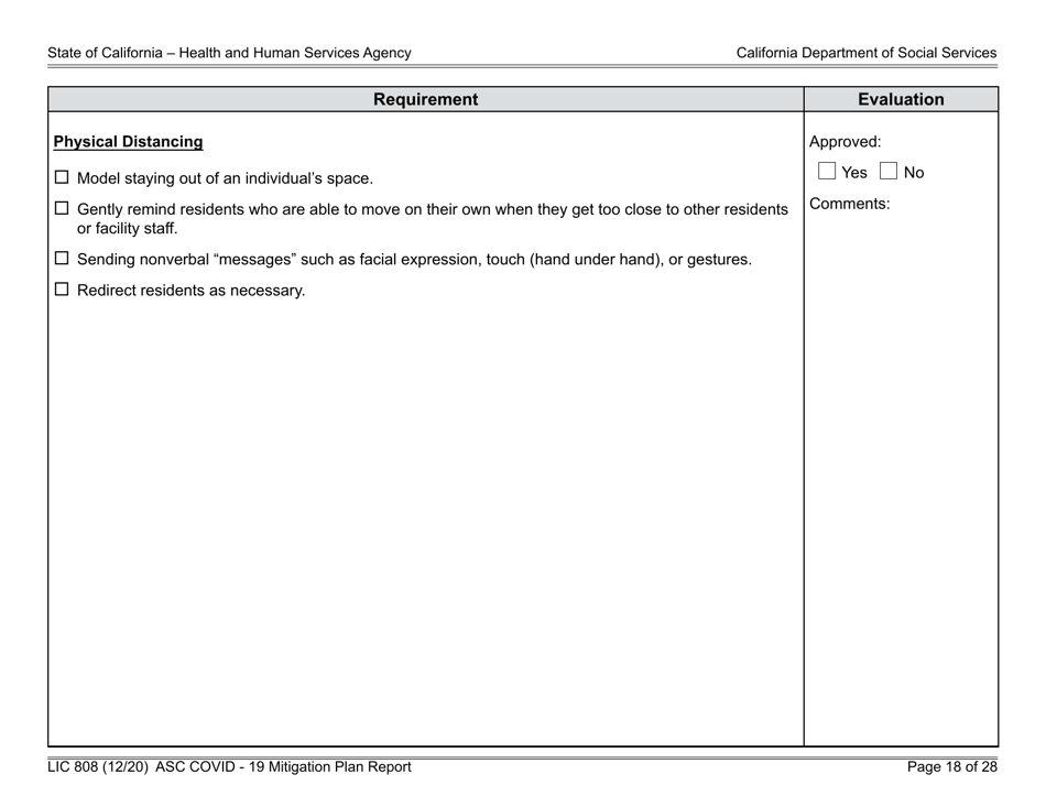Form LIC808 Plan for Epidemic Outbreak Specific to Covid - 19 Mitigation Plan Report - California, Page 18