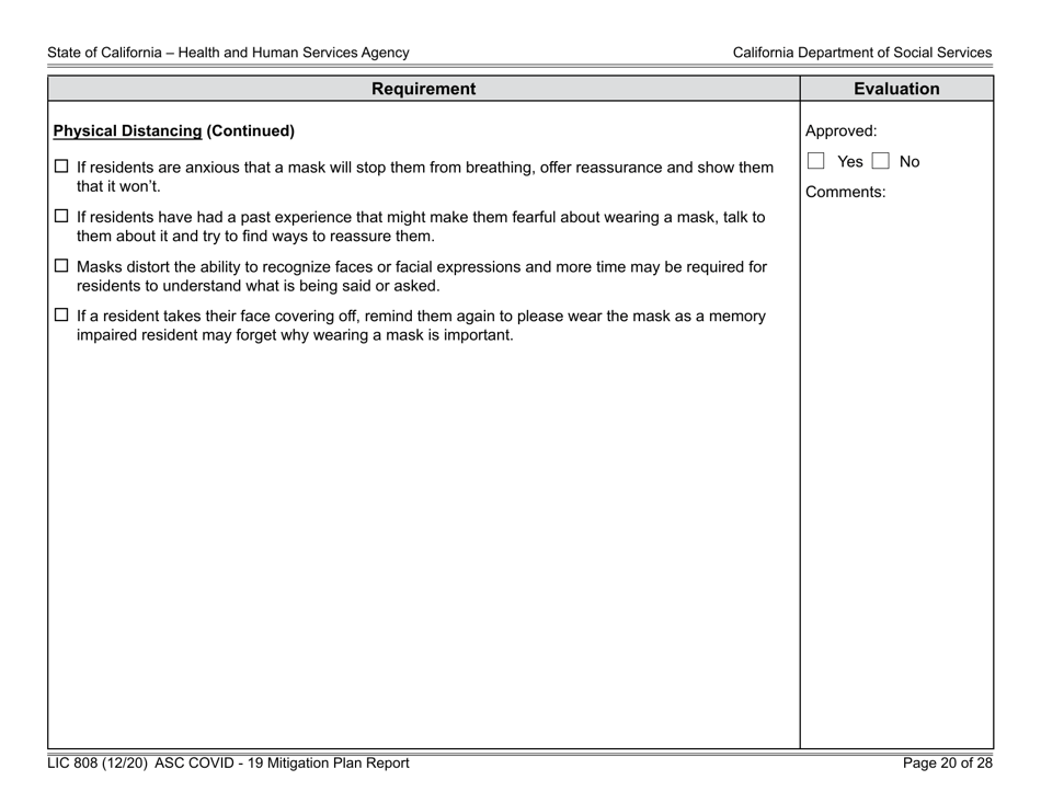 Form LIC808 Plan for Epidemic Outbreak Specific to Covid - 19 Mitigation Plan Report - California, Page 20