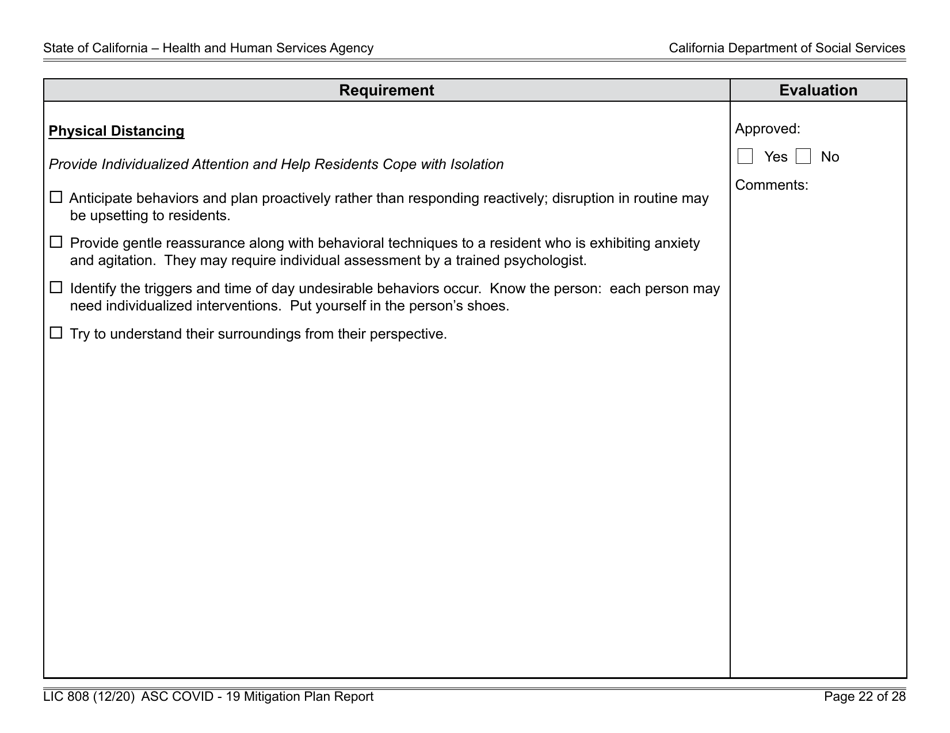 Form LIC808 Plan for Epidemic Outbreak Specific to Covid - 19 Mitigation Plan Report - California, Page 22