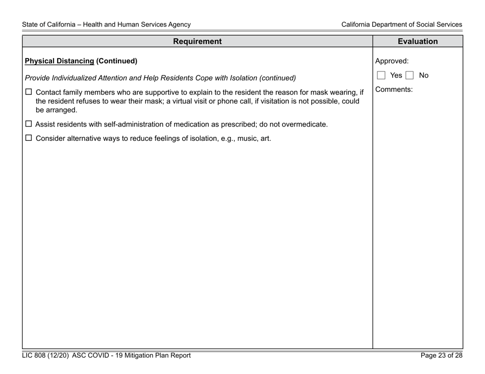 Form LIC808 Plan for Epidemic Outbreak Specific to Covid - 19 Mitigation Plan Report - California, Page 23