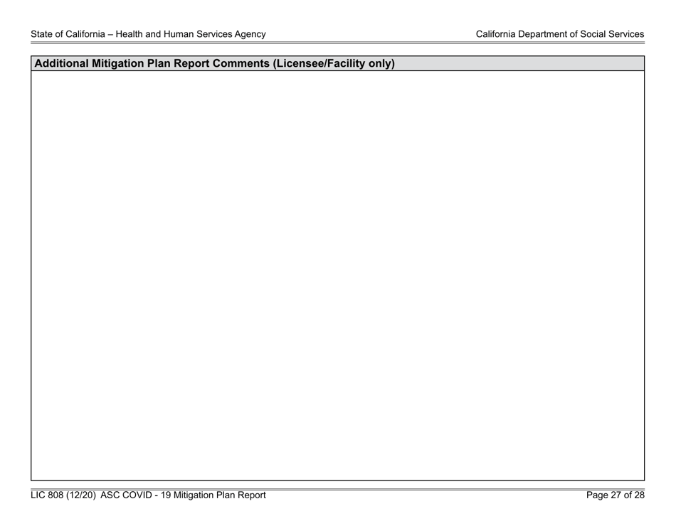 Form LIC808 Plan for Epidemic Outbreak Specific to Covid - 19 Mitigation Plan Report - California, Page 27