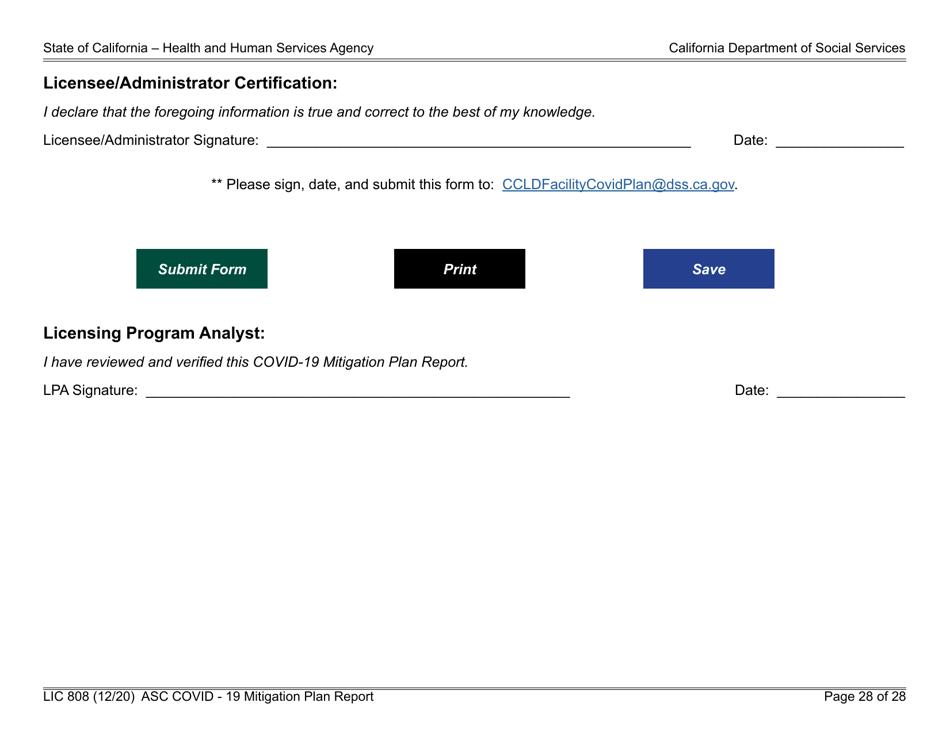 Form LIC808 Plan for Epidemic Outbreak Specific to Covid - 19 Mitigation Plan Report - California, Page 28