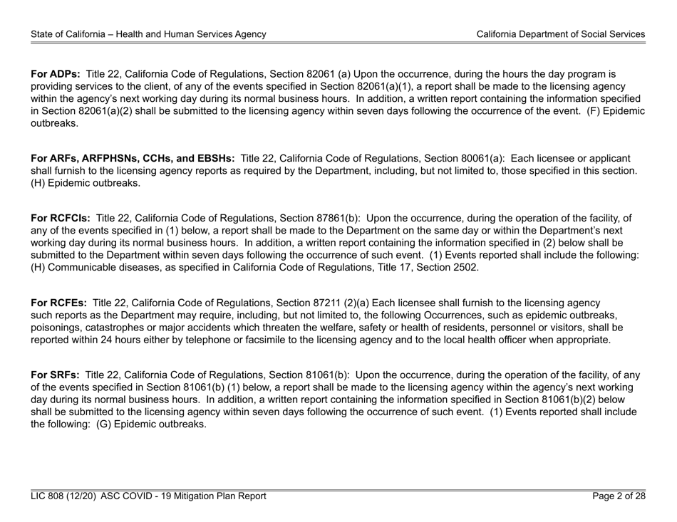Form LIC808 Plan for Epidemic Outbreak Specific to Covid - 19 Mitigation Plan Report - California, Page 2