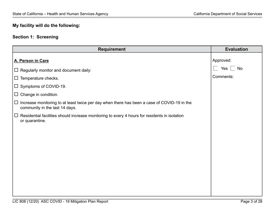 Form LIC808 Plan for Epidemic Outbreak Specific to Covid - 19 Mitigation Plan Report - California, Page 3
