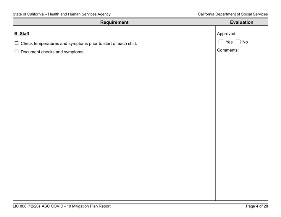 Form LIC808 Plan for Epidemic Outbreak Specific to Covid - 19 Mitigation Plan Report - California, Page 4