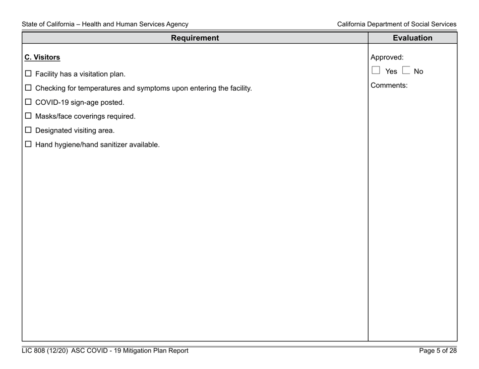 Form LIC808 Plan for Epidemic Outbreak Specific to Covid - 19 Mitigation Plan Report - California, Page 5