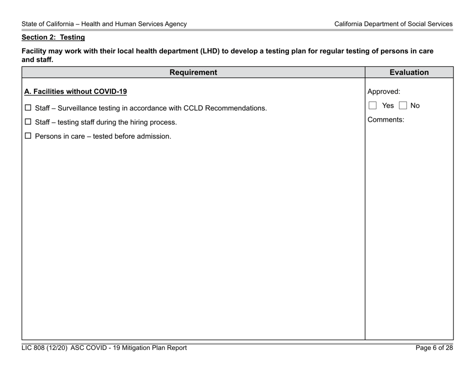 Form LIC808 Plan for Epidemic Outbreak Specific to Covid - 19 Mitigation Plan Report - California, Page 6