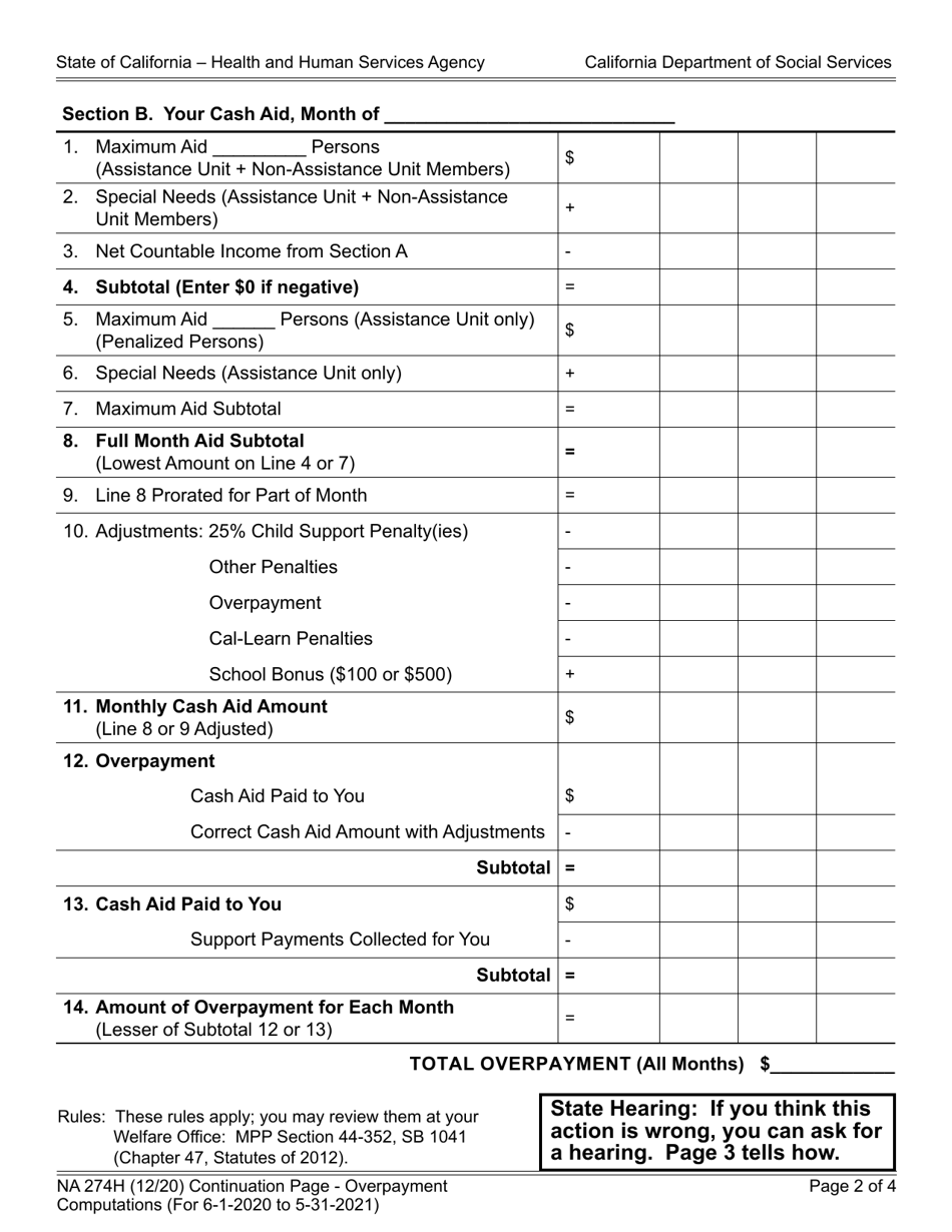 Form NA274H Notice of Action - Continuation Page - Overpayment Computations Between 6 / 1 / 2020 and 05 / 31 / 2021 - California, Page 2