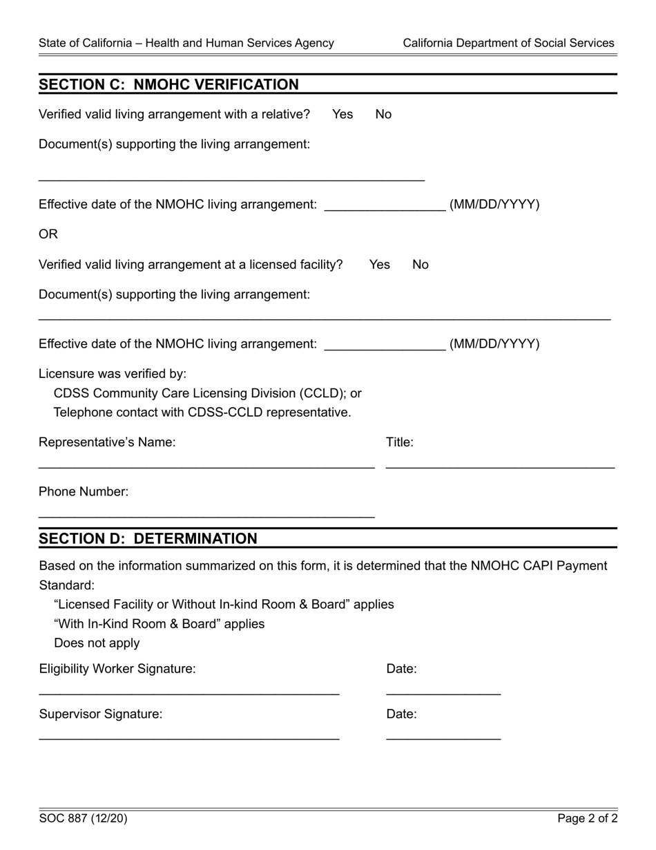Form SOC887 Cash Assistance Program for Immigrants (Capi) Nonmedical out-Of-Home Care (Nmohc) Payment Standard Eligibility Determination - California, Page 2