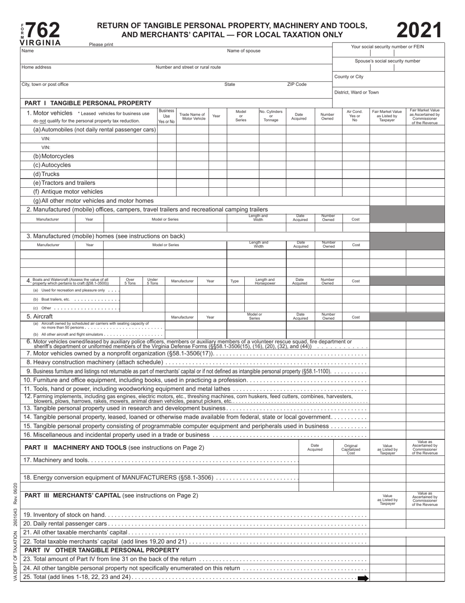 Form 762 Return of Tangible Personal Property, Machinery and Tools, and Merchants Capital - for Local Taxation Only - Virginia, Page 1