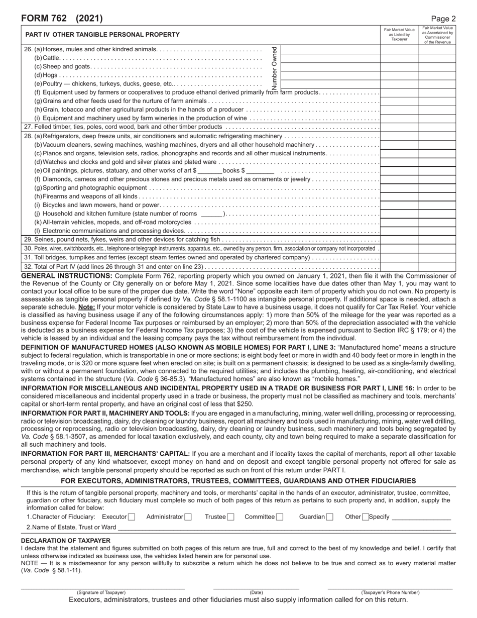 Form 762 Return of Tangible Personal Property, Machinery and Tools, and Merchants Capital - for Local Taxation Only - Virginia, Page 2
