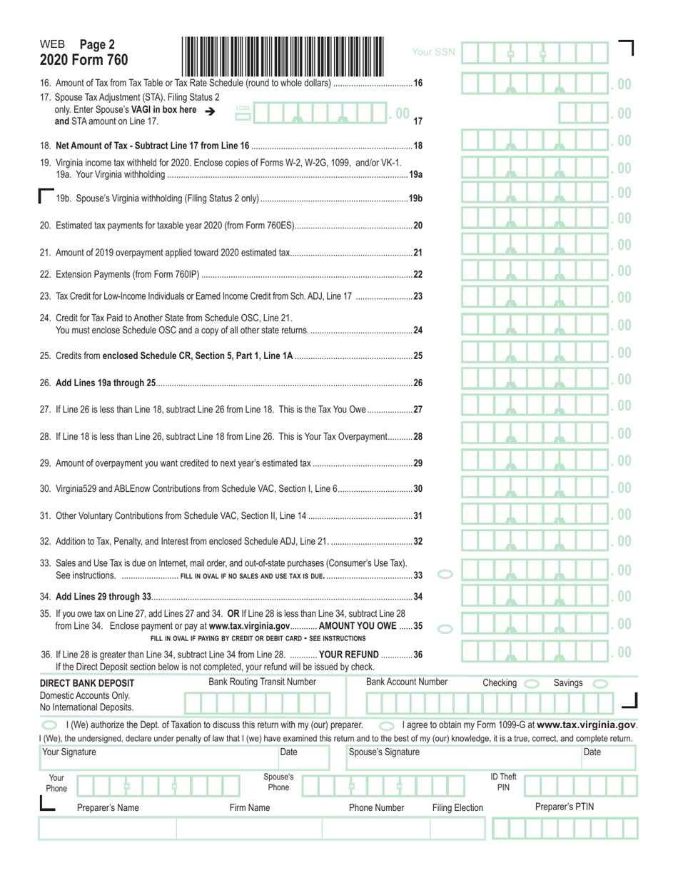 Form 760 Resident Individual Income Tax Return - Virginia, Page 2