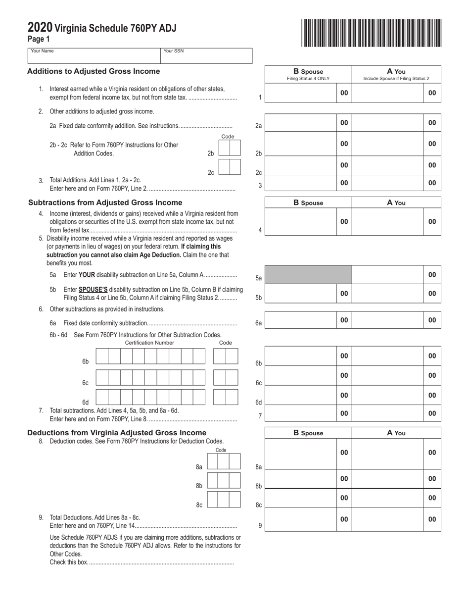 Schedule 760PY ADJ Schedule of Adjustments for Part-Year Residents - Virginia, Page 1