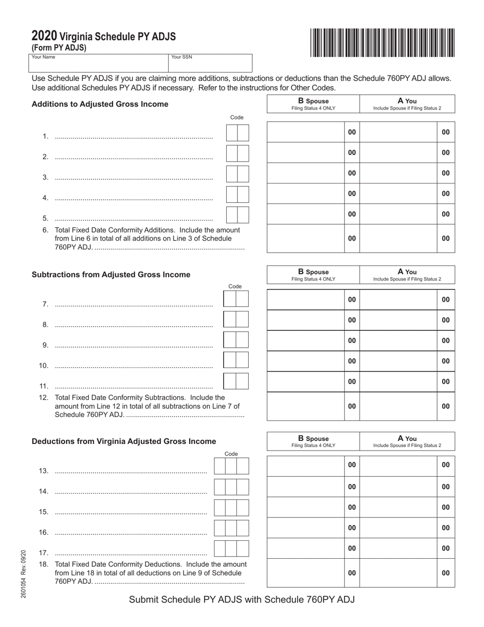 Schedule PY ADJS Supplemental Schedule of Adjustments for Part-Year Residents - Virginia, Page 1