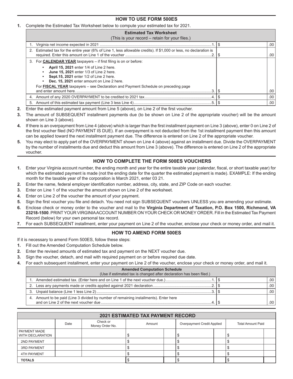 Form 500ES Corporation Estimated Income Tax Payment Vouchers - Virginia, Page 2